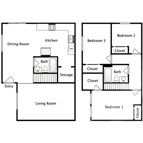 Floor plan for 3 beds, 2 baths, 1411 sqft